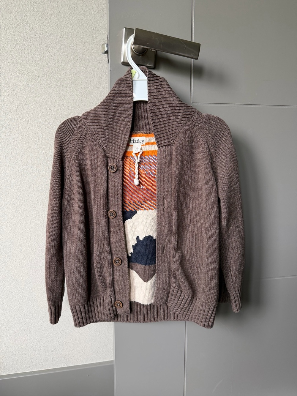 Hatley Brown Knit Button-Up Cardigan with Graphic Sweater Layer